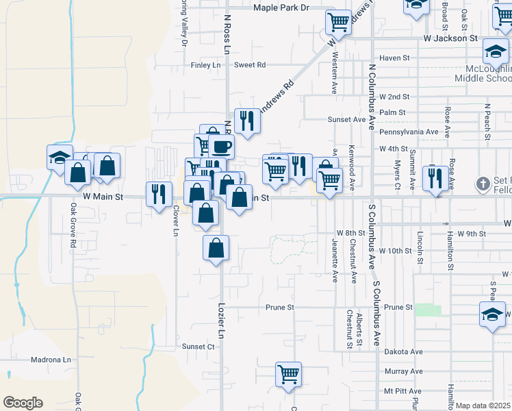 map of restaurants, bars, coffee shops, grocery stores, and more near 2240 West Main Street in Medford