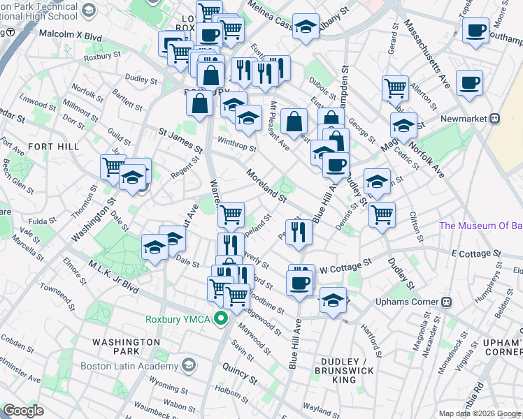 map of restaurants, bars, coffee shops, grocery stores, and more near in Boston