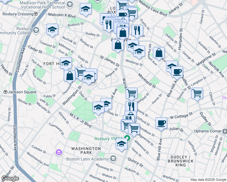 map of restaurants, bars, coffee shops, grocery stores, and more near 21a Circuit Street in Boston