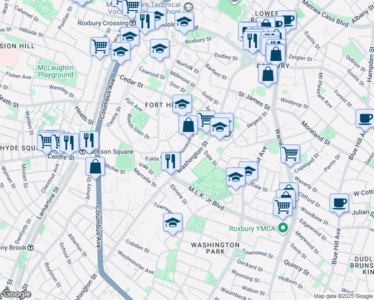 map of restaurants, bars, coffee shops, grocery stores, and more near 91 Thornton Street in Boston