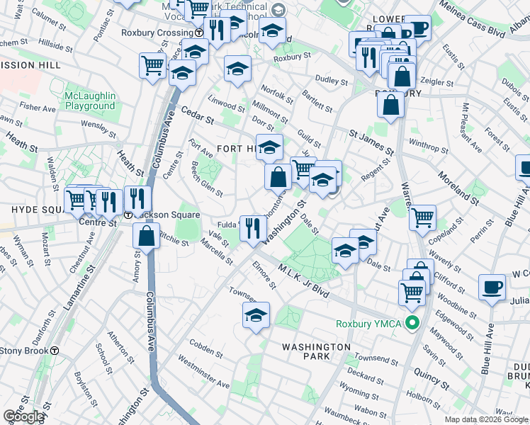 map of restaurants, bars, coffee shops, grocery stores, and more near 91 Thornton Street in Boston