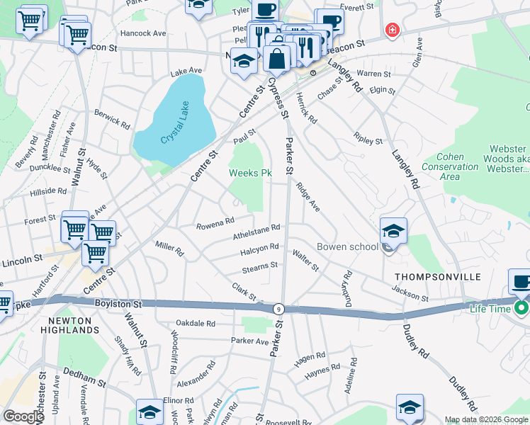 map of restaurants, bars, coffee shops, grocery stores, and more near 93 Oxford Road in Newton