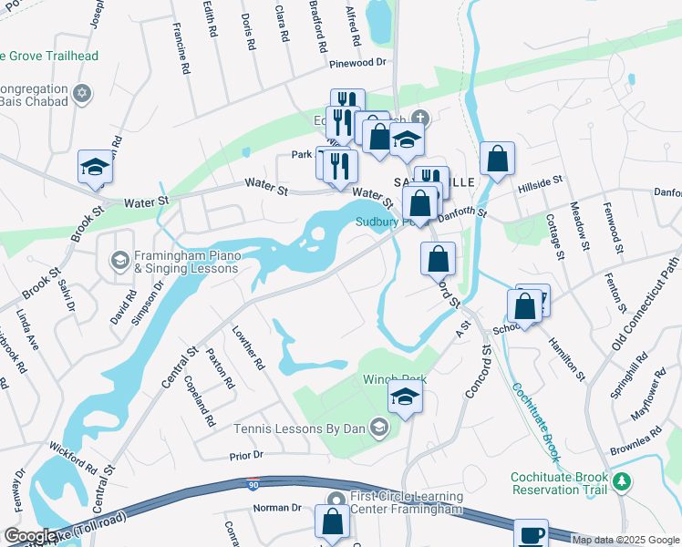 map of restaurants, bars, coffee shops, grocery stores, and more near 93 Central Street in Framingham