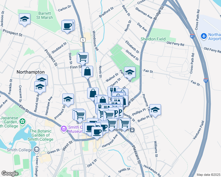 map of restaurants, bars, coffee shops, grocery stores, and more near 13 Walnut Street in Northampton