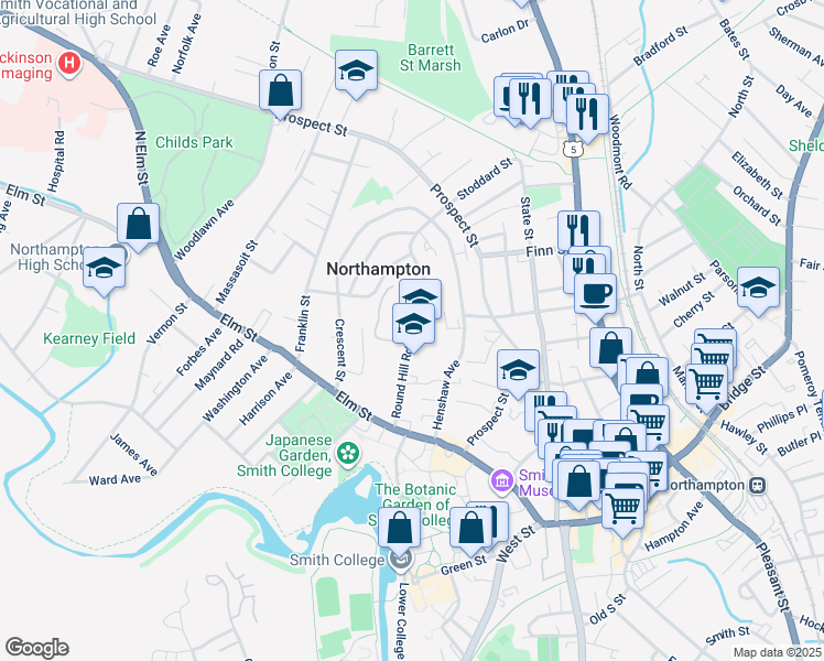 map of restaurants, bars, coffee shops, grocery stores, and more near 48 Round Hill Road in Northampton
