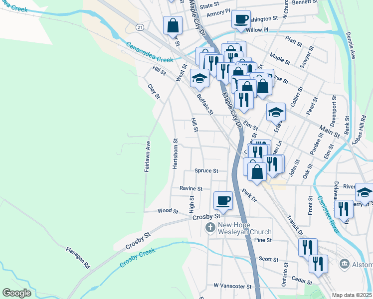 map of restaurants, bars, coffee shops, grocery stores, and more near 48 Hillside Place in Hornell