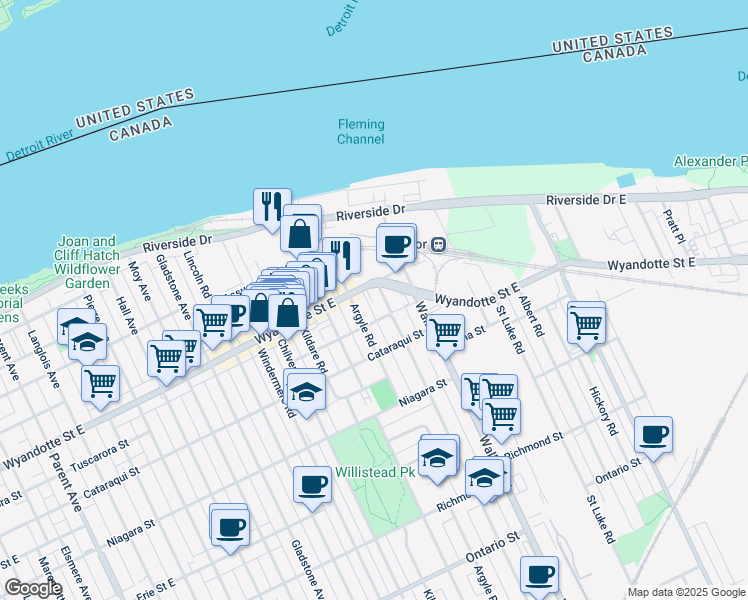 map of restaurants, bars, coffee shops, grocery stores, and more near 102 Wyandotte Place in Windsor