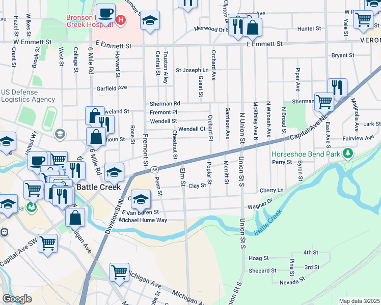 map of restaurants, bars, coffee shops, grocery stores, and more near 244 Calhoun Street in Battle Creek