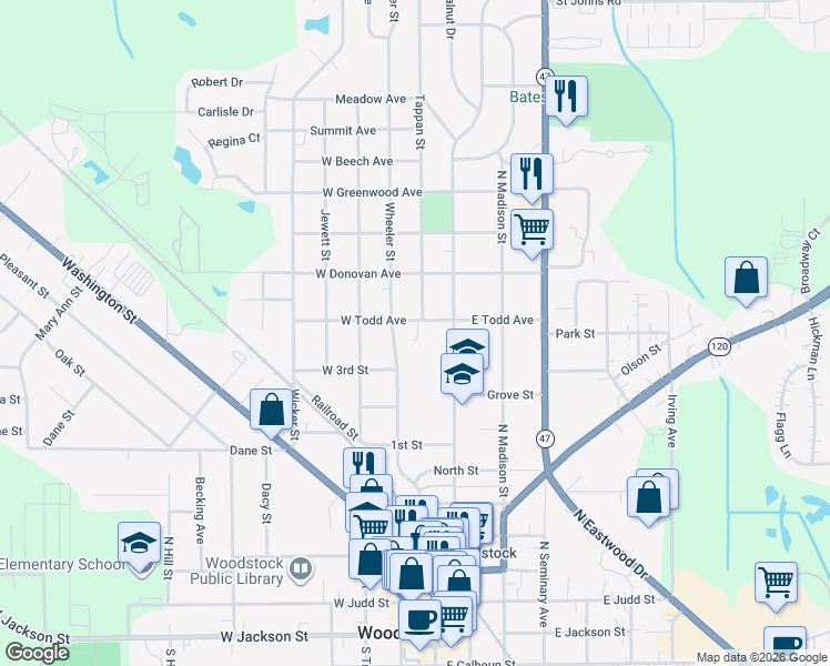 map of restaurants, bars, coffee shops, grocery stores, and more near 906 Tappan Street in Woodstock