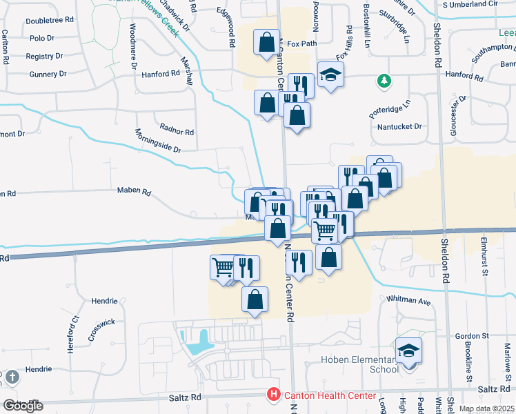 map of restaurants, bars, coffee shops, grocery stores, and more near 5788 Hathaway Road in Canton