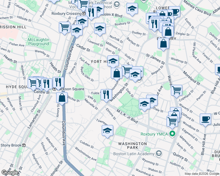 map of restaurants, bars, coffee shops, grocery stores, and more near 91 Thornton Street in Boston