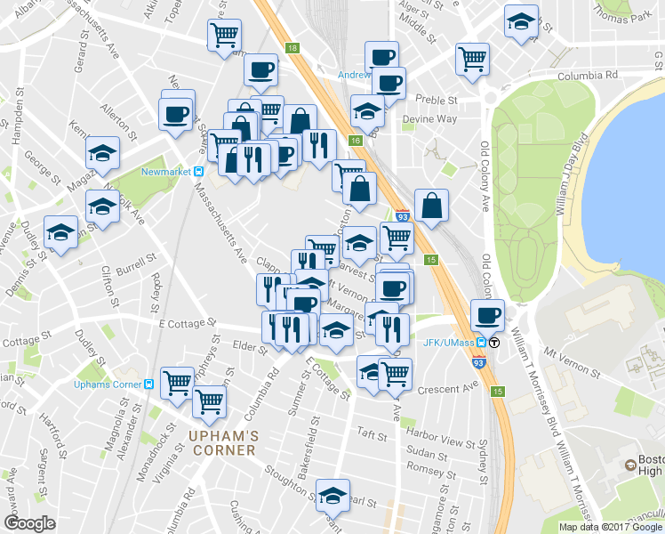 map of restaurants, bars, coffee shops, grocery stores, and more near 70-72 Harvest Street in Boston