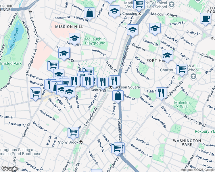 map of restaurants, bars, coffee shops, grocery stores, and more near 50 Lamartine Street in Boston