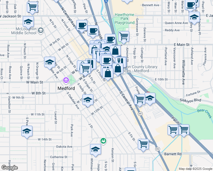 map of restaurants, bars, coffee shops, grocery stores, and more near 40 East 10th Street in Medford