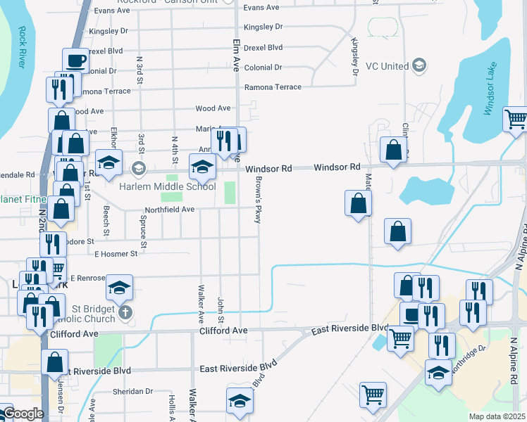map of restaurants, bars, coffee shops, grocery stores, and more near 6325 Brown's Parkway in Loves Park
