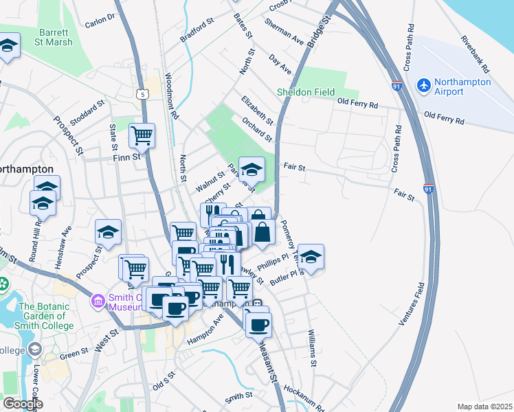 map of restaurants, bars, coffee shops, grocery stores, and more near 2 Parsons Street in Northampton