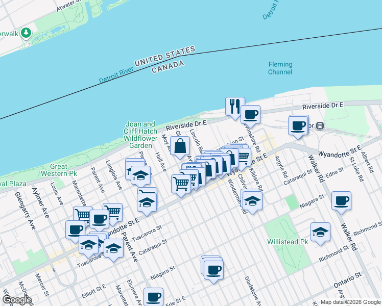 map of restaurants, bars, coffee shops, grocery stores, and more near 348 Gladstone Avenue in Windsor