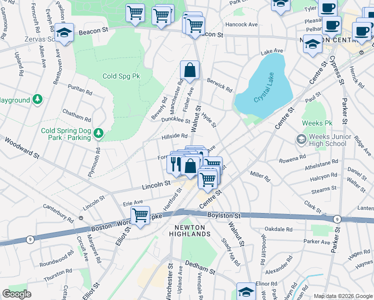 map of restaurants, bars, coffee shops, grocery stores, and more near 20 Hillside Road in Newton