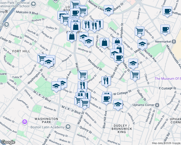 map of restaurants, bars, coffee shops, grocery stores, and more near in Boston