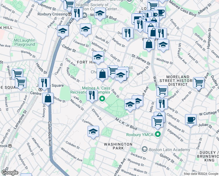 map of restaurants, bars, coffee shops, grocery stores, and more near 2 Oakland Street in Boston
