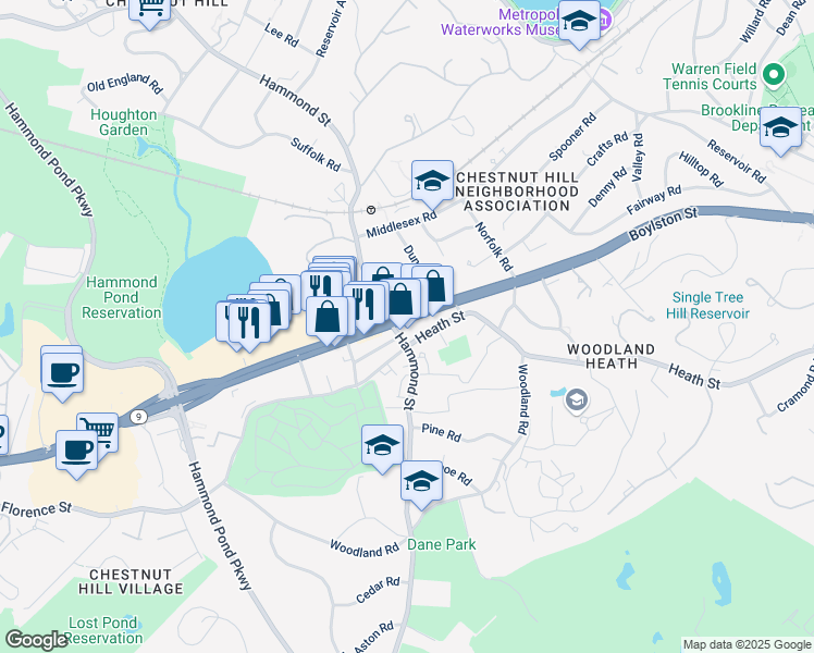 map of restaurants, bars, coffee shops, grocery stores, and more near 1162 Massachusetts 9 in Chestnut Hill