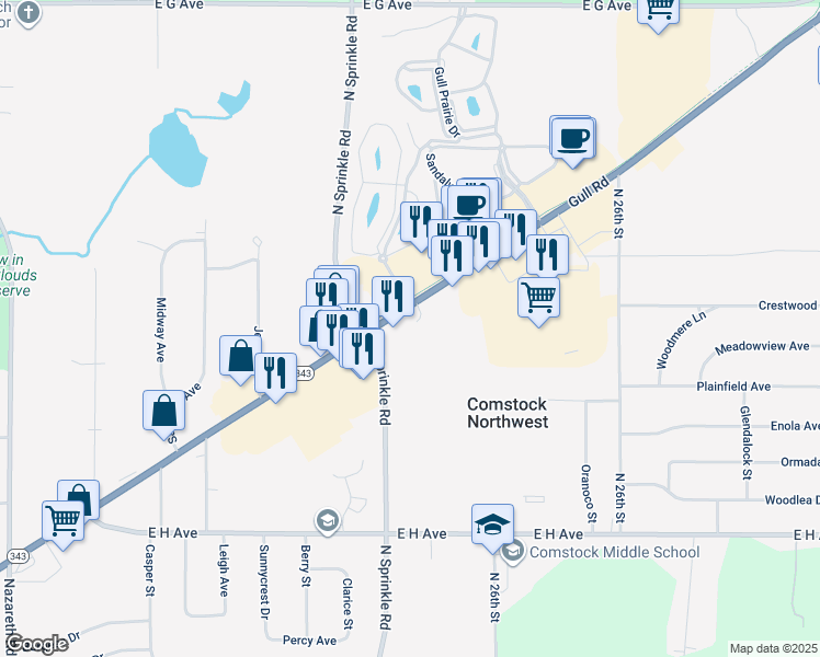 map of restaurants, bars, coffee shops, grocery stores, and more near 5560 Gull Road in Kalamazoo