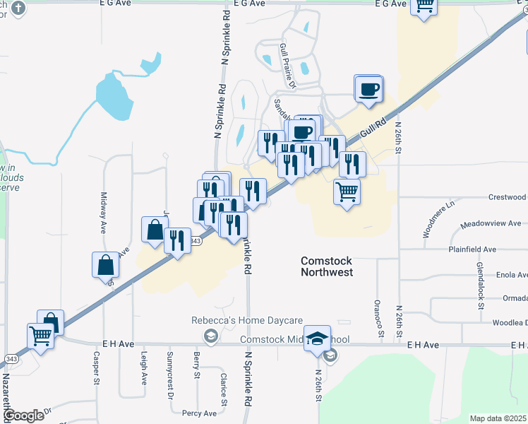 map of restaurants, bars, coffee shops, grocery stores, and more near 5560 Gull Road in Kalamazoo