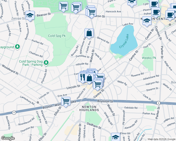 map of restaurants, bars, coffee shops, grocery stores, and more near 20 Hillside Road in Newton
