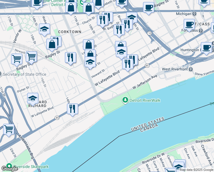 map of restaurants, bars, coffee shops, grocery stores, and more near 1693 West Lafayette Boulevard in Detroit