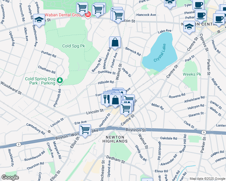 map of restaurants, bars, coffee shops, grocery stores, and more near 5 Forest Street in Newton