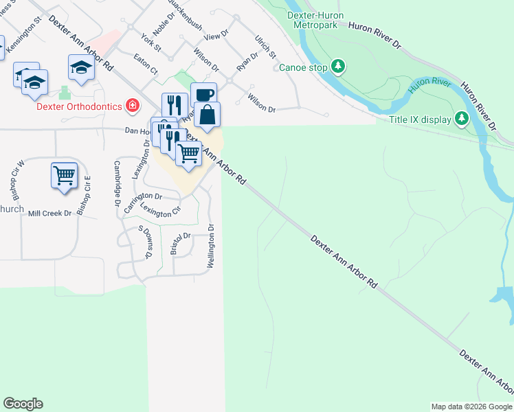 map of restaurants, bars, coffee shops, grocery stores, and more near 6839 Dexter Ann Arbor Rd in Dexter