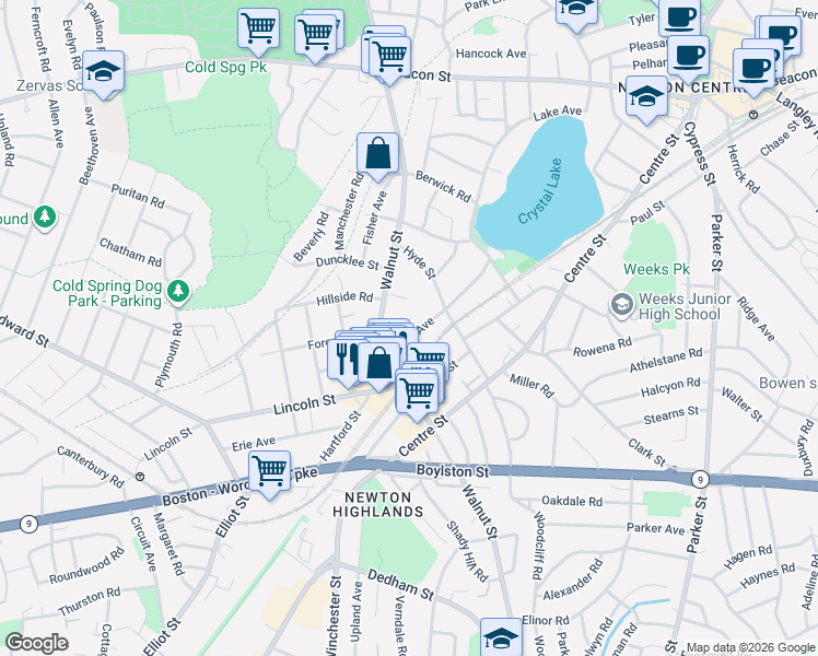 map of restaurants, bars, coffee shops, grocery stores, and more near 1090 Walnut Street in Newton