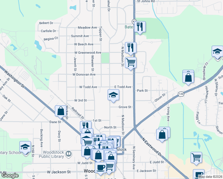 map of restaurants, bars, coffee shops, grocery stores, and more near 123 East Todd Avenue in Woodstock