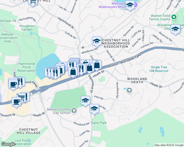 map of restaurants, bars, coffee shops, grocery stores, and more near 1180 Boylston Street in Brookline