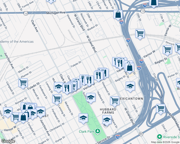 map of restaurants, bars, coffee shops, grocery stores, and more near 2055 Vinewood Street in Detroit