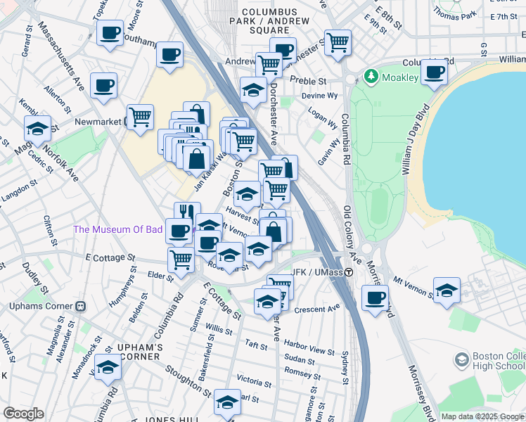 map of restaurants, bars, coffee shops, grocery stores, and more near 17 Dorset Street in Boston