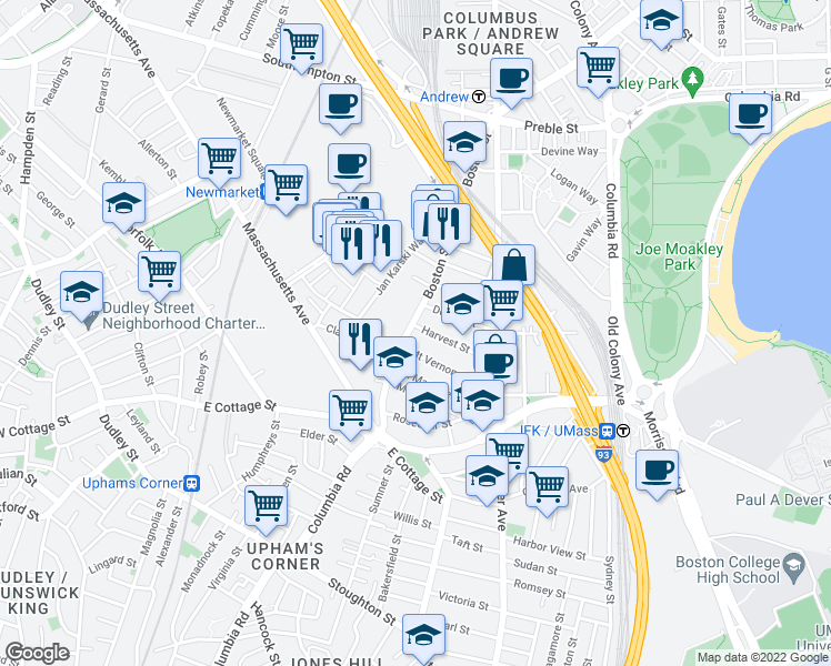 map of restaurants, bars, coffee shops, grocery stores, and more near 56 Dorset Street in Boston