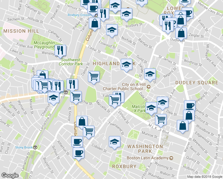 map of restaurants, bars, coffee shops, grocery stores, and more near 45 Hawthorne Street in Boston