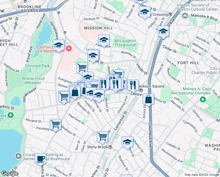 map of restaurants, bars, coffee shops, grocery stores, and more near 17 Round Hill Street in Boston