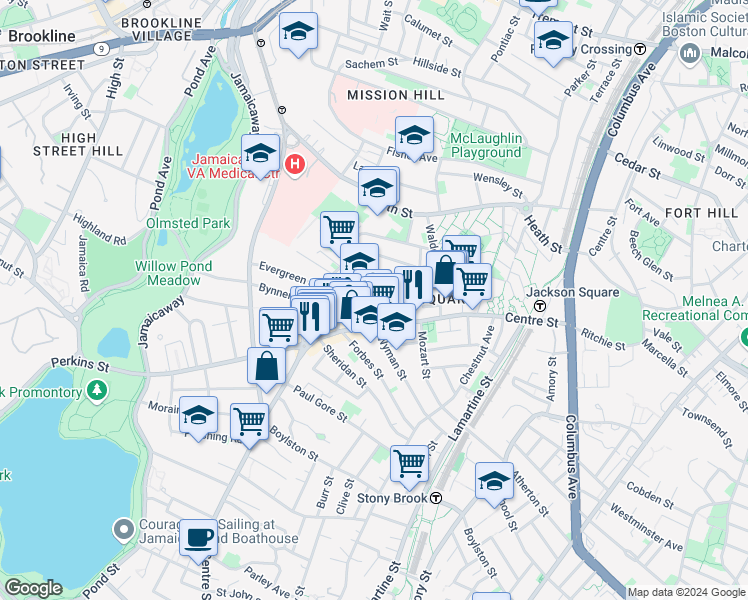map of restaurants, bars, coffee shops, grocery stores, and more near 47A Creighton Street in Boston