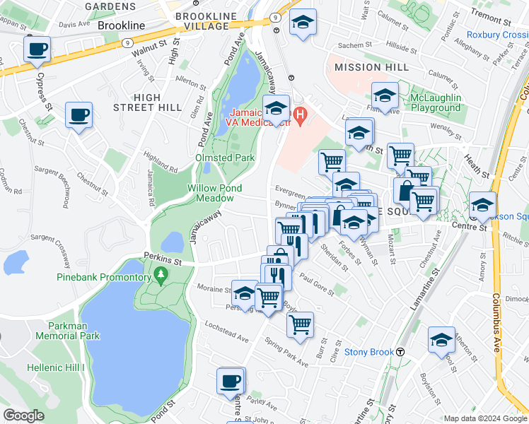 map of restaurants, bars, coffee shops, grocery stores, and more near 264 South Huntington Avenue in Boston