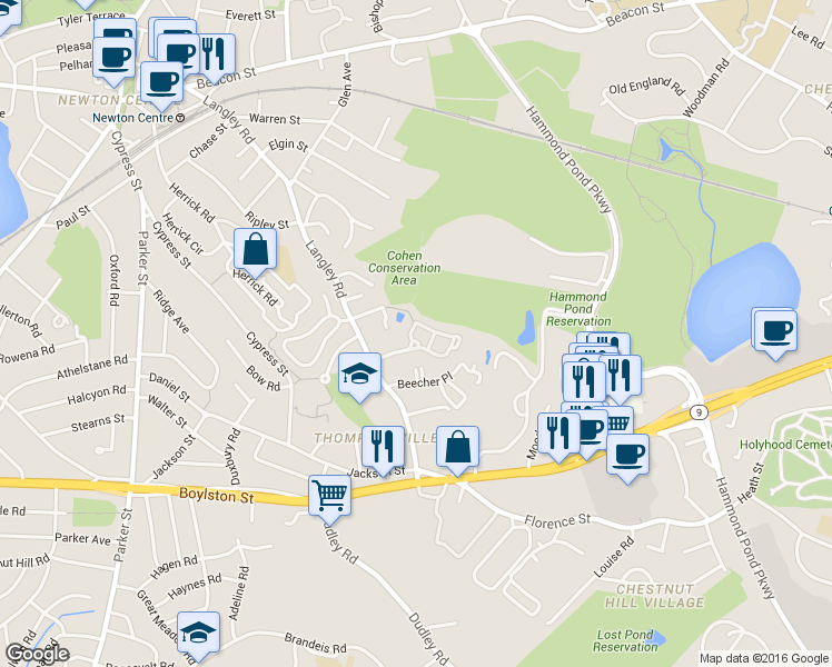 map of restaurants, bars, coffee shops, grocery stores, and more near 112 Carlisle Place in Newton
