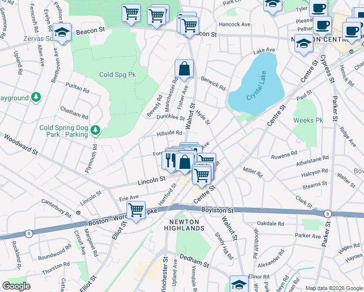 map of restaurants, bars, coffee shops, grocery stores, and more near 20 Hillside Road in Newton