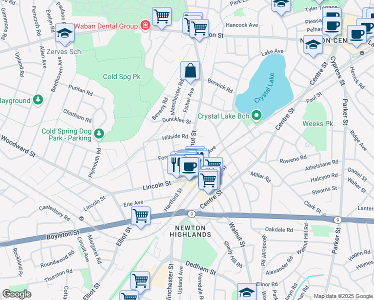 map of restaurants, bars, coffee shops, grocery stores, and more near 20 Hillside Road in Newton