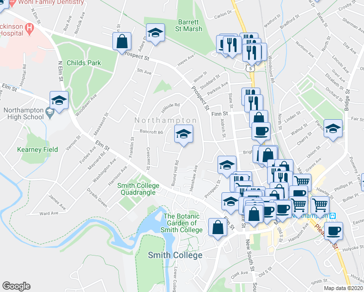 map of restaurants, bars, coffee shops, grocery stores, and more near 49 Round Hill Road in Northampton