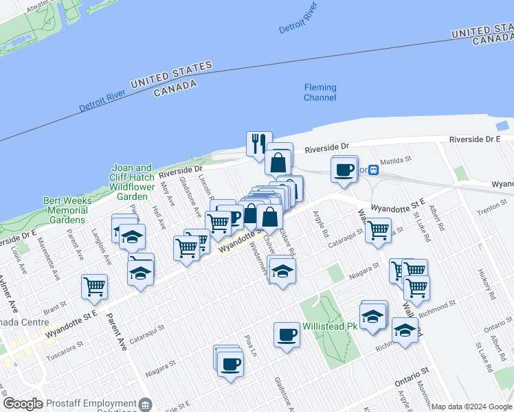 map of restaurants, bars, coffee shops, grocery stores, and more near 1880 Assumption Street in Windsor