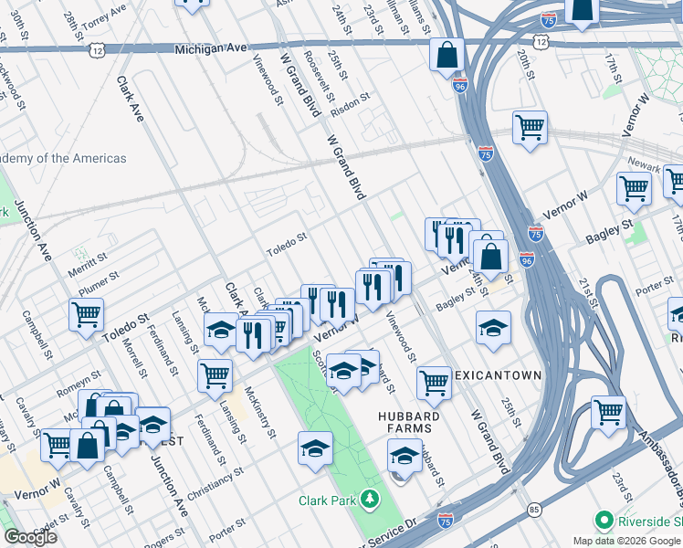 map of restaurants, bars, coffee shops, grocery stores, and more near 2055 Vinewood Street in Detroit