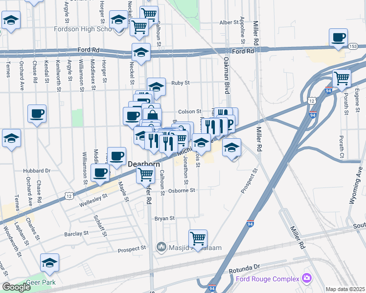 map of restaurants, bars, coffee shops, grocery stores, and more near 5012 Bingham Street in Dearborn