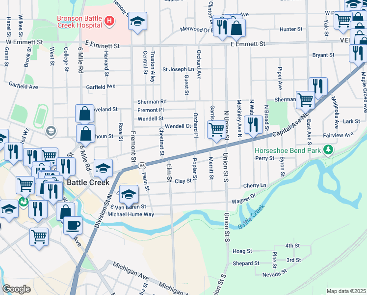 map of restaurants, bars, coffee shops, grocery stores, and more near 244 Calhoun Street in Battle Creek