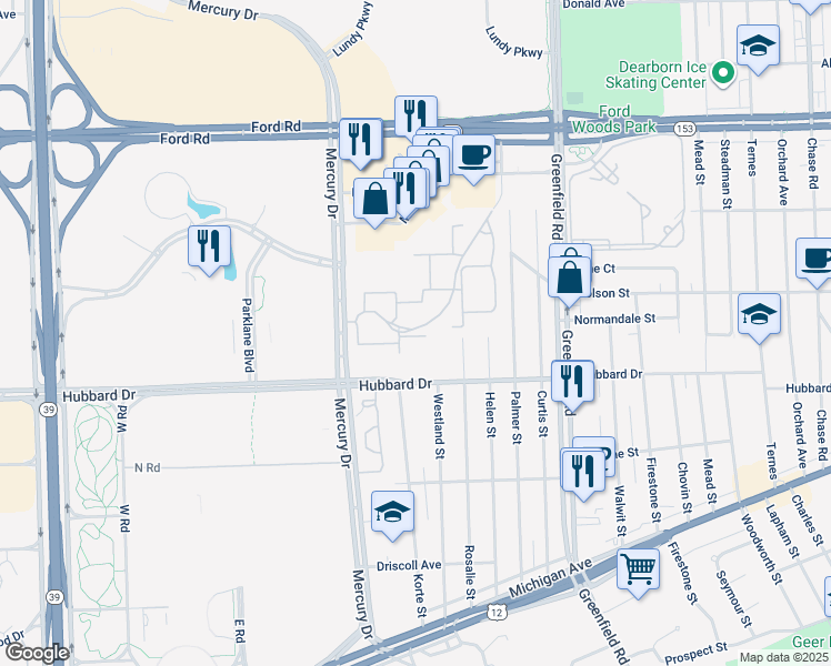 map of restaurants, bars, coffee shops, grocery stores, and more near 5000 Heather Drive in Dearborn